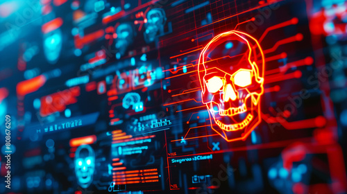 Digital cybercrime concept with glowing neon skull symbols representing malware and hacking threats. photo