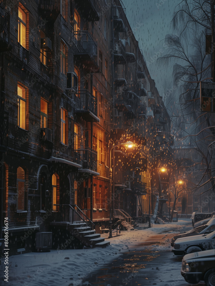 Eerie snowy evening in an urban alley with glowing lights.