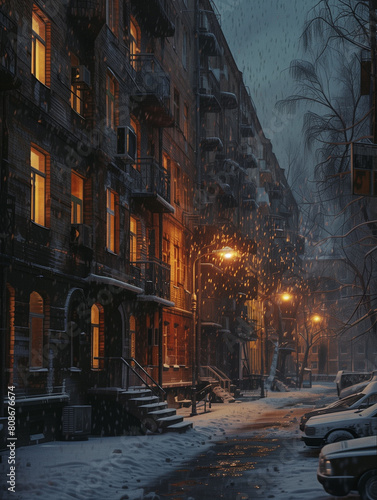 Eerie snowy evening in an urban alley with glowing lights.