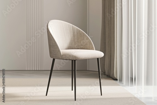 Sleek dining chair with minimalist beige upholstery set against a soft  illuminated background