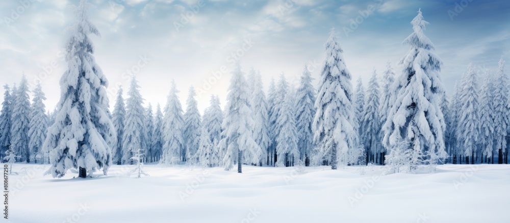 A winter landscape of a forest with evergreen pine trees covered in snow providing a picturesque view with ample copy space for an image A winter landscape of a forest with evergreen pine trees covered in snow providing a picturesque view with ample copy space for an image
