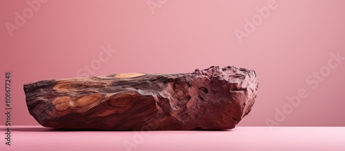 Copy space image of a large brown stone with pink deadwood set against a pink background in an aesthetically pleasing layout