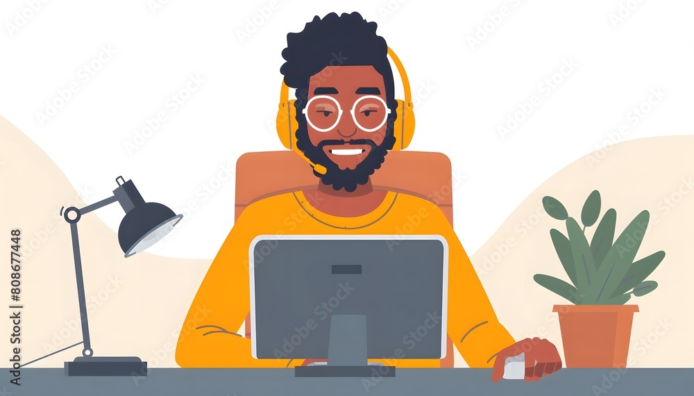 Animated Man at Desk with Headphones Animated Man at Desk with Headphones