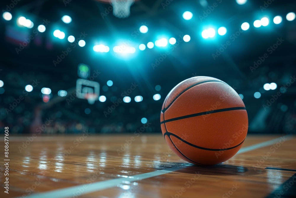 Close-up of a basketball on a shiny court, arena illumination creating a vibrant backdrop Close-up of a basketball on a shiny court, arena illumination creating a vibrant backdrop