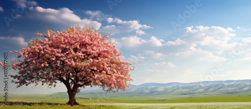 A stunning apple tree in full bloom outdoors on a spring day with ample room for text in the image