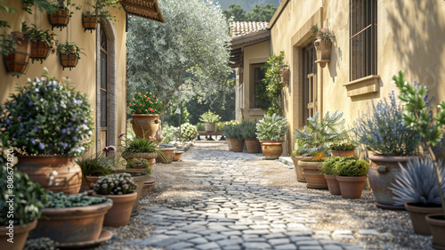 A light olive house with a rustic charm  featuring a stone walkway and a variety of potted plants.