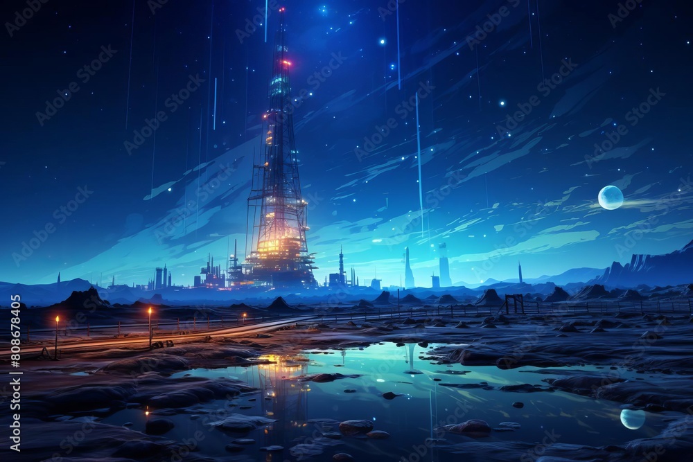 Oil refinery at night. The starry sky is reflected in the puddles.