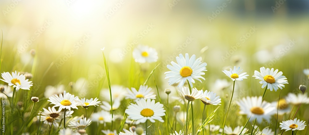 A serene nature backdrop showcasing wild daisy flowers in a meadow providing ample room for additional content in the image