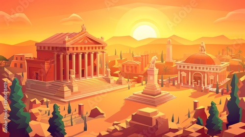 A Rome isometric sunset landscape with an antique building modern cartoon game background. Capitol temple and basilica with squares, roman forum, taberna and insula, Castra ancient military camp at photo