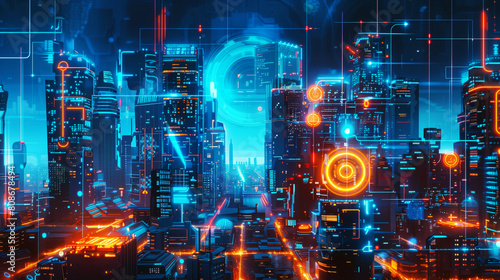 Futuristic metropolis with digital elements symbolizing smart city technology and cyber infrastructure.