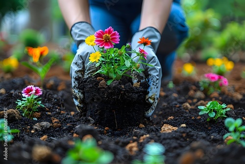 Gardener Planting Colorful Flowers in Fertile Soil