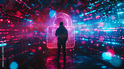 A person facing a large glowing digital lock symbol in a vibrant cyber security themed environment.