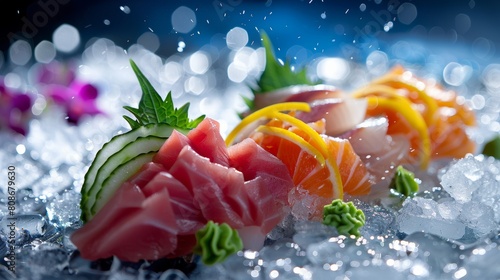 Fresh, thinly sliced seafood like tuna, salmon, and yellowtail arranged artistically on a bed of ice