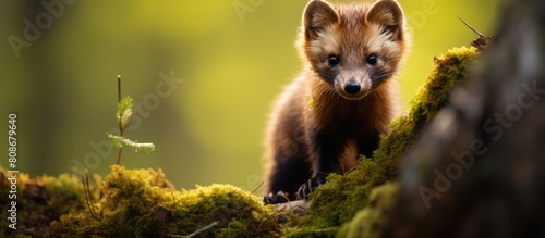 European Pine Marten also known as Marten Marten in a diligent pursuit for nourishment accompanied by a captivating copy space image photo