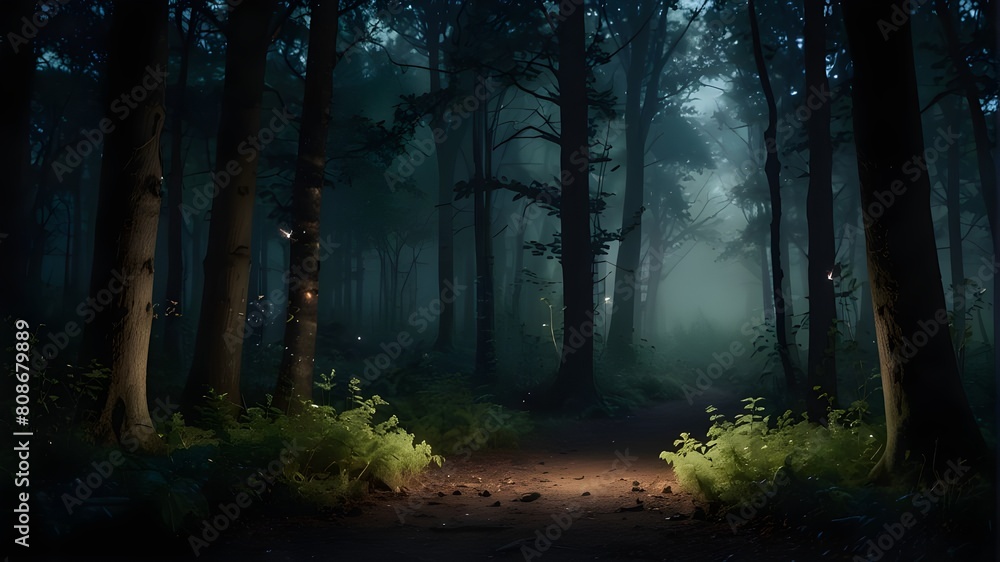 enchanting, ethereal forest at night with bright lights
