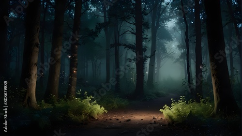 enchanting  ethereal forest at night with bright lights