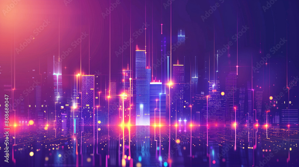 Fototapeta premium Digital illustration of a futuristic cityscape with glowing neon lights and dynamic data streams