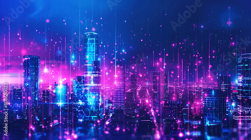 A futuristic cyber cityscape with glowing neon lights depicting advanced digital infrastructure and data connectivity.