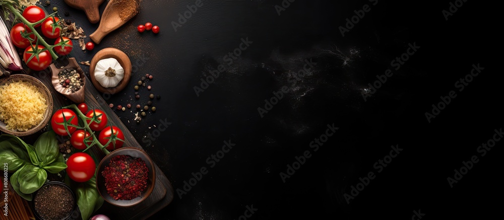 Cooking background with Italian cuisine Ingredients arranged on a dark background creating a captivating copy space image that represents the concept of cooking Cooking background with Italian cuisine Ingredients arranged on a dark background creating a captivating copy space image that represents the concept of cooking