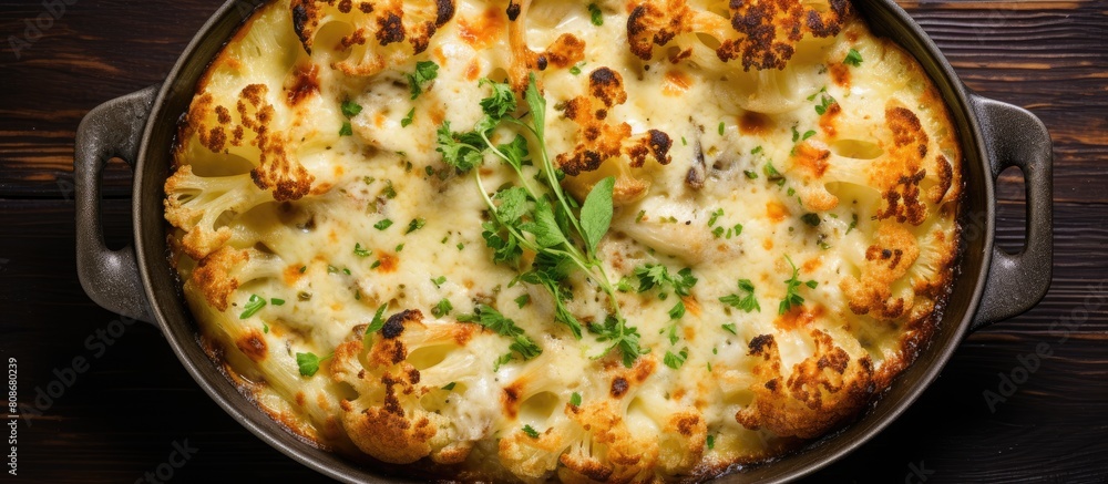 A top view image of a cauliflower gratin with leek chicken breast and cheese showcasing ample copy space A top view image of a cauliflower gratin with leek chicken breast and cheese showcasing ample copy space