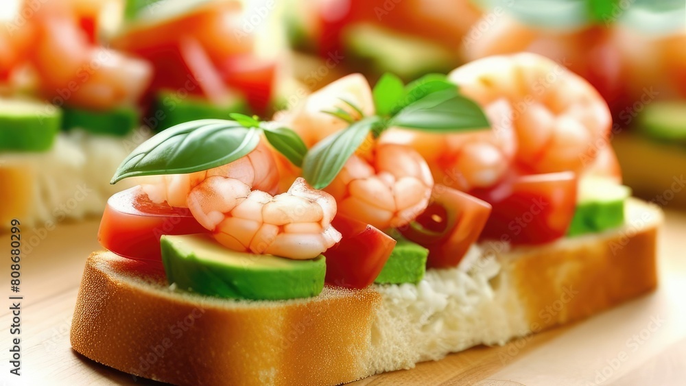 Bruschetta, delightful fresh shrimp and avocado slices lie in a row open sandwich , on a light background Bruschetta, delightful fresh shrimp and avocado slices lie in a row open sandwich , on a light background