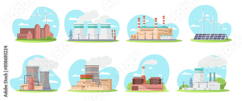 Set of illustrations of various power plants and energy sources on a light background, showcasing energy generation concepts. Vector illustration