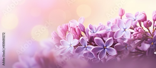 Close up of beautiful lilac flowers blossoming on a colorful background with copy space image