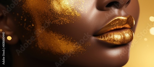 A stunning model showcases a gold beauty skincare concept with gold cosmetics adorning her eyes lips and nails The half face portrait captures the radiant glow of her skin making it a perfect panoram