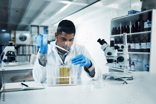 Man, vial or scientist in laboratory for science innovation, life expectancy and antiaging medicine. Futuristic, medical test and healthcare biologist with DNA chemistry in research or examination
