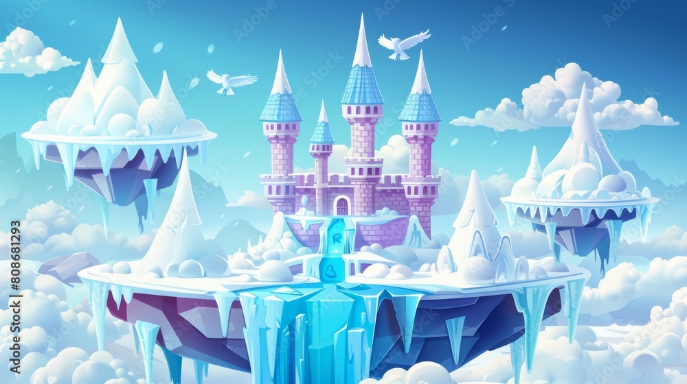 A fantasy winter landscape with a castle, snow, and frozen waterfall on floating islands. An ice palace and white snow on the ground pieces flying in the sky with clouds.