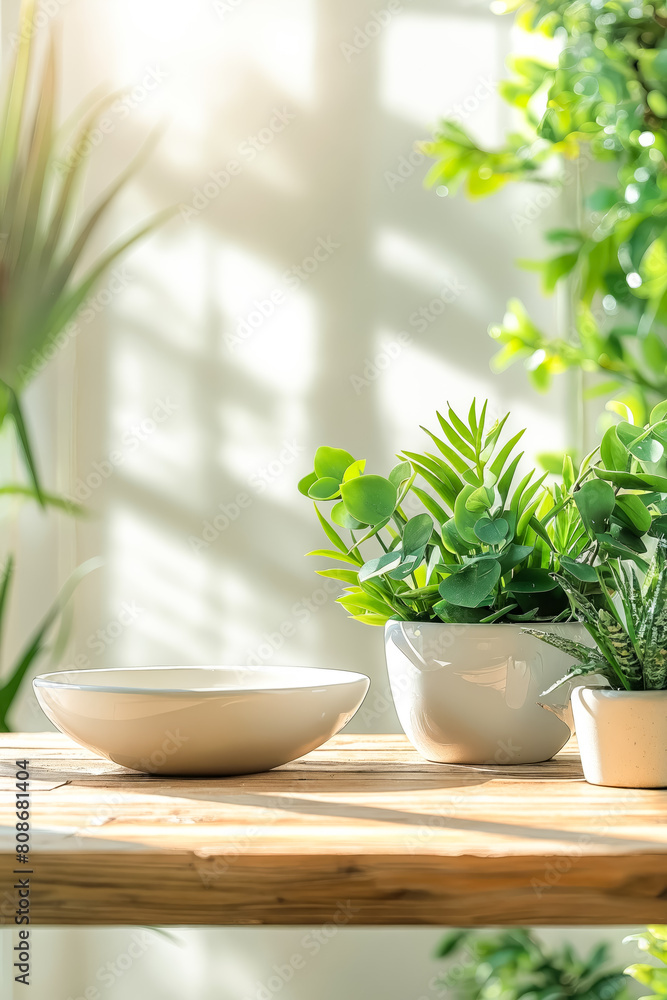 A table with three potted plants and a white bowl. The table is in a room with sunlight coming in from the window