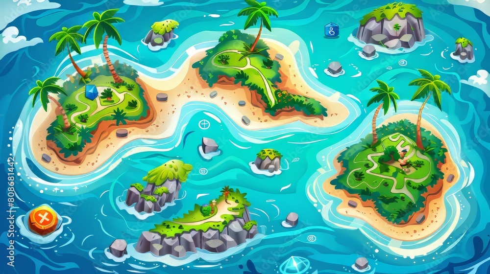 Level map with tropical islands in the sea. Game interface background with ocean beach, palm trees, stones, gems, and level numbers.