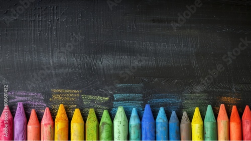 Colorful chalks in various colors on blackboard background with copy space for creative school and education concept, colorful chalks in row at the bottom of picture. with high resolution photography