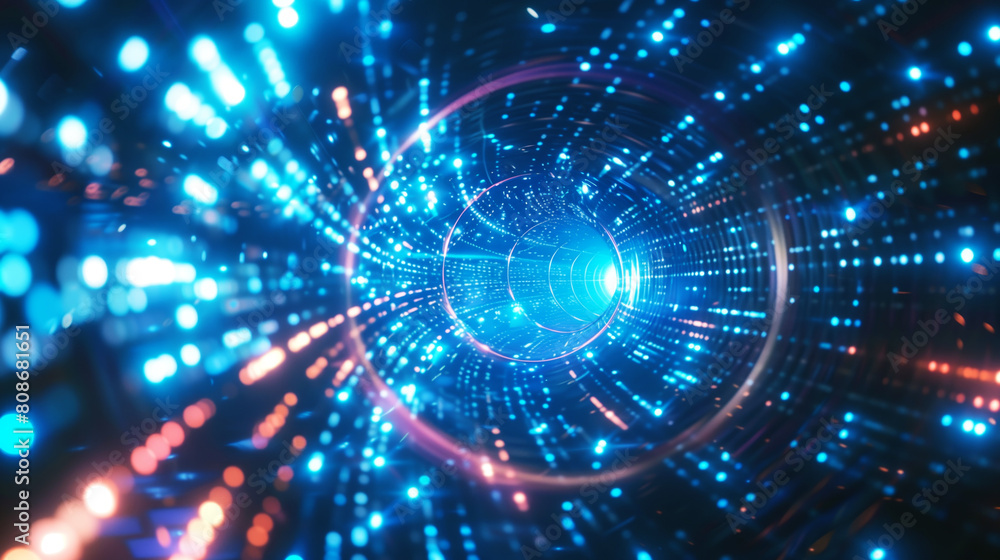 Dynamic digital tunnel with a futuristic design, featuring glowing blue and red lights. Dynamic digital tunnel with a futuristic design, featuring glowing blue and red lights.