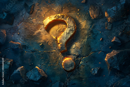 A question mark is carved into a rock. The rock is surrounded by rubble and debris. The scene is dark and ominous, with the question mark standing out as a symbol of uncertainty and confusion photo
