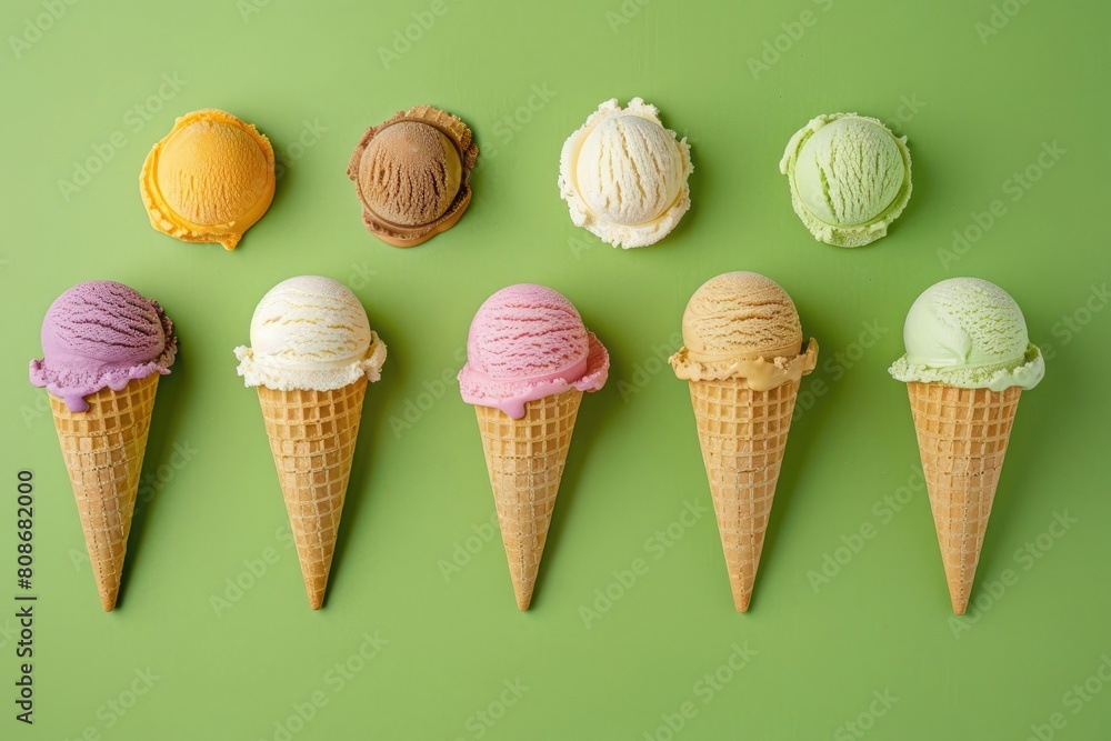 Colorful ice cream in waffle cones on green background, top view Colorful ice cream in waffle cones on green background, top view