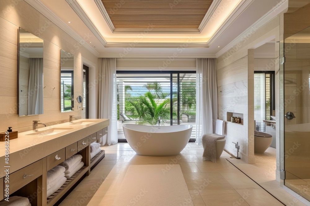 Luxurious Bathroom spacious room. House mirror. Generate Ai