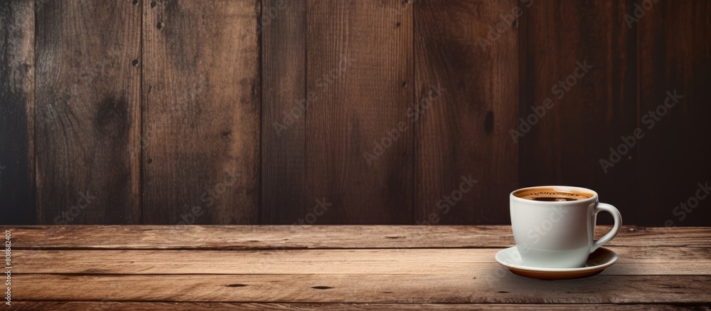 Copy space image of a coffee cup with a blank label placed on top situated on a weathered wooden background Copy space image of a coffee cup with a blank label placed on top situated on a weathered wooden background