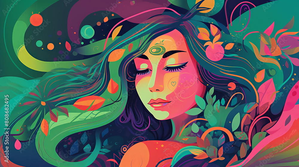 A portrait of a mischievous fairy, her playful expression captured in vibrant fauvist style, surrounded by swirling psychedelic patterns representing her mental powers, flat illustration with bold cha