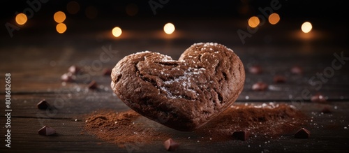 A heart shaped chocolate gingerbread Christmas cookie with a spicy taste is a sweet dessert that adds to the holiday celebrations It can be enjoyed as a snack on the table enhancing the festive food photo