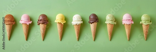 Colorful ice cream in waffle cones on green background, top view