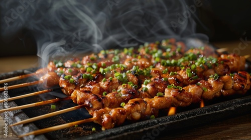 Skewers of grilled chicken marinated in a savory sauce, displayed with a sizzling effec