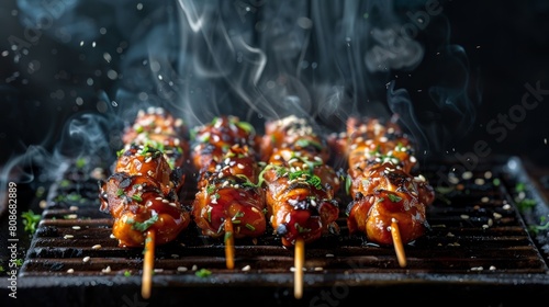 Skewers of grilled chicken marinated in a savory sauce, displayed with a sizzling effec photo