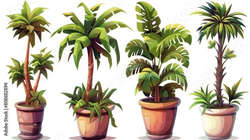 Domestic tropical decorative palms  houseplants in ceramic pots  isolated design elements  cartoon modern illustration of home potted plants and trees in flowerpots.