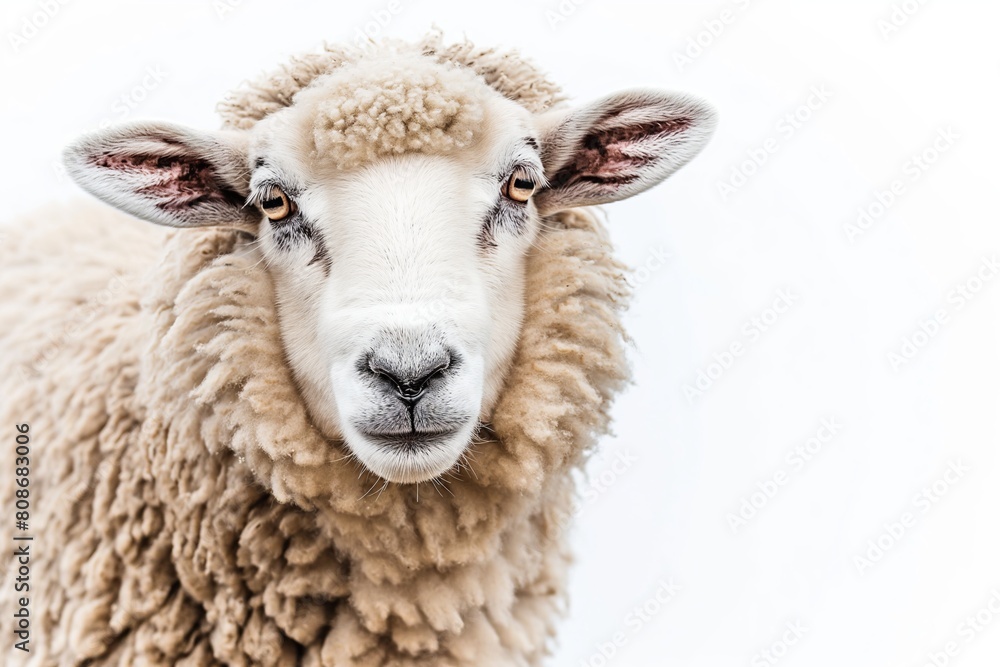 Close-up of a sheep's face with a fleece coat, set against a white backdrop