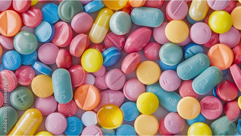 Colorful pills and tablets background, full of different colors and shapes in the style of various artists top down view, flat lay, minimalist, with high resolution photography, copy space for text Colorful pills and tablets background, full of different colors and shapes in the style of various artists top down view, flat lay, minimalist, with high resolution photography, copy space for text