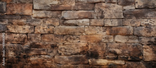 Aged stone wall with a grungy texture provides a distinctive background suitable for use as a copy space image