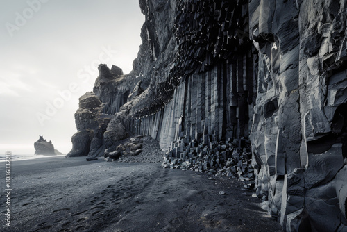 A rocky cliff with a beach in the background
