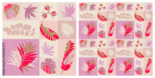Seamless geometric pattern with tropical plants. Modern style summer background.