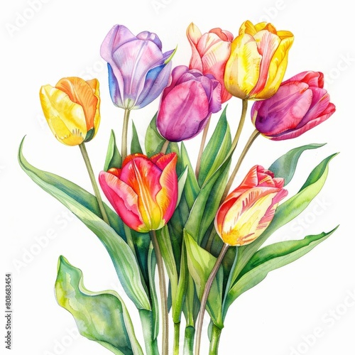 Watercolor painting of a cluster of vibrant tulips bursting into bloom  on isolated white background  Generative AI